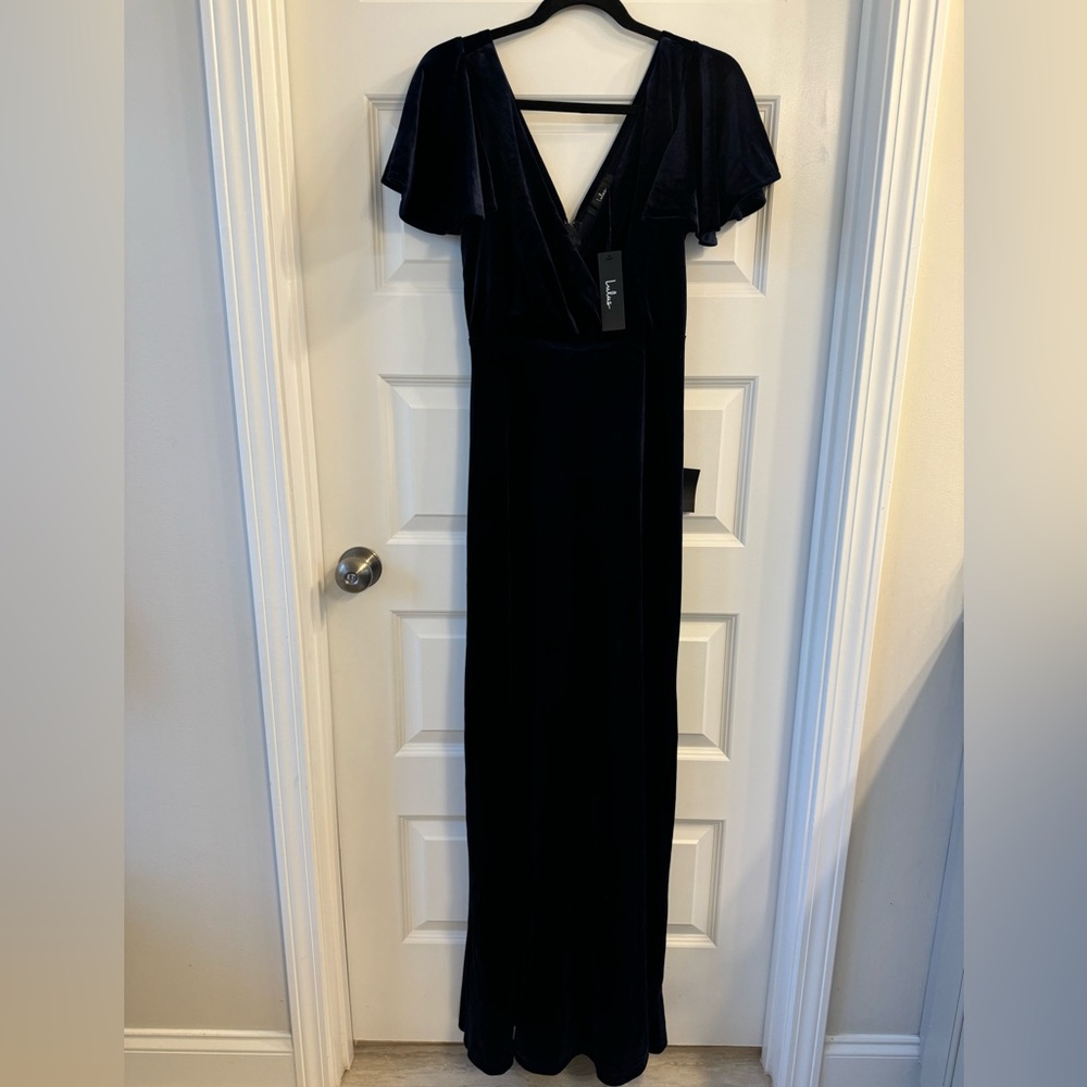 Blue velvet v neck dress
